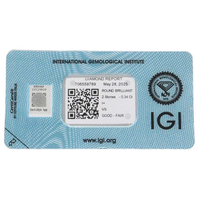 Brylanty-Diamenty 2. szt nowe, 0.34 ct-okrągły-I+,VS-certyfikat (IGI)