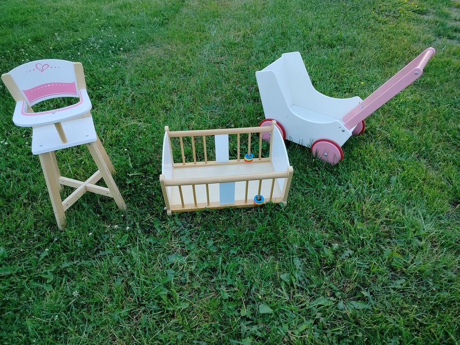 HAPE drewniane mebelki dla lalki kołyska wózek krzesełko