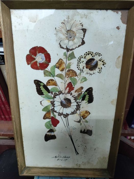 2 quadro antigos feitos em folhas e penas assinados vintage