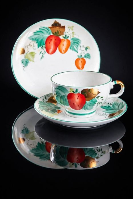 Rzadko spotykane Porcelanowe Trio śniadaniowe LFZ Łomonosow "Truskawka