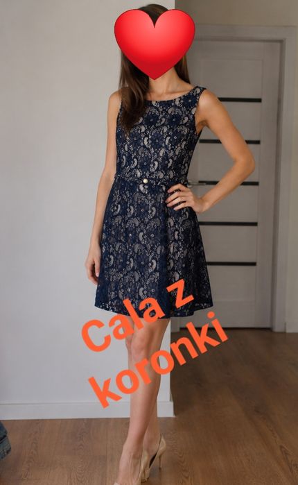 Granatowa sukienka exclusive cała z koronki S elegancka