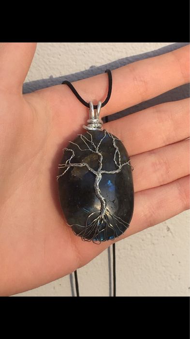 Wisior wire wrapping handmade z kamieniem labradoryt drzewko szczęscia