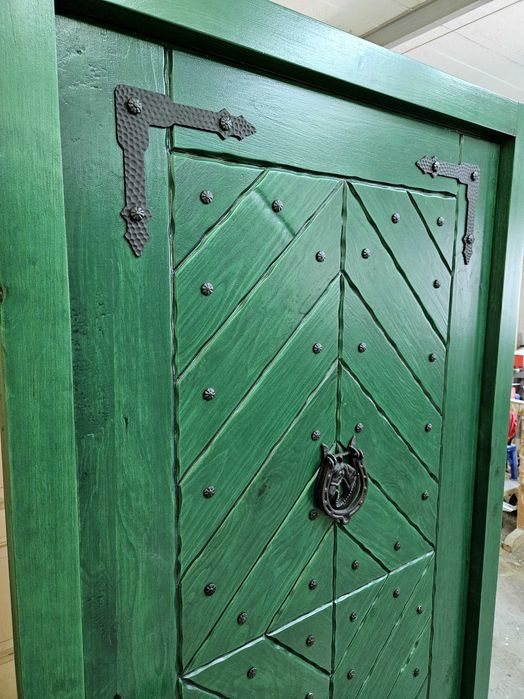 Drzwi DŁUGOSZ drewniane zewnętrzne góralskie jodełka zielone GOTOWE