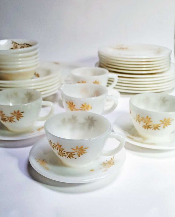 Serviço Louça Refeição Chá Branco Floral Dourado Vintage Golden Glory - Federal Glass Company