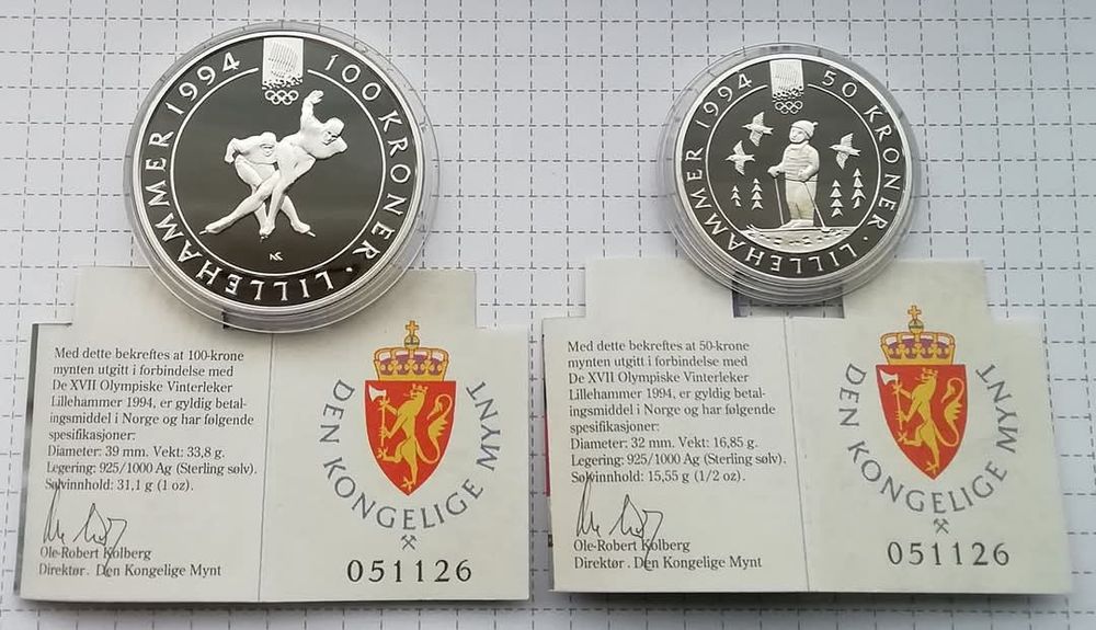 Норвегія 50 та 100 крон 1991р.Олімпійські ігри! СРІБЛО.ПРУФ.Сертифікат