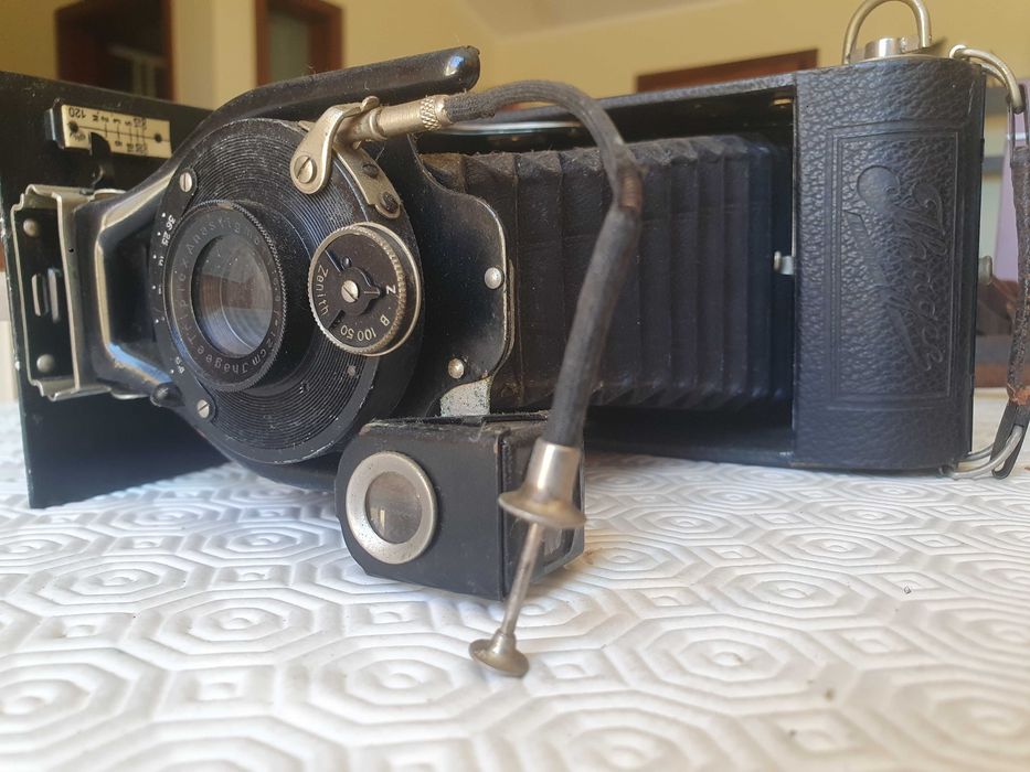 Máquina Fotográfica Antiga de Fole Lente Agee Triplex com Estojo de Couro Original