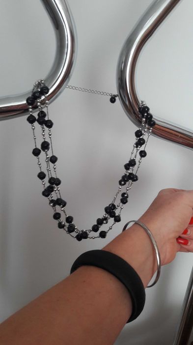 Naszyjnik koraliki czarne srebrne +2 bransoetki