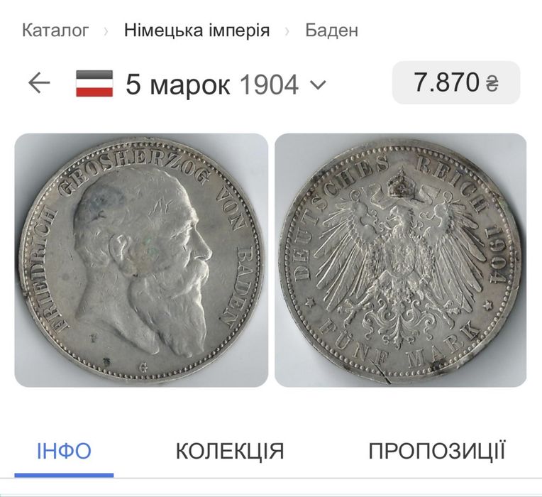 Срібна монета 5 марок 1904 року Баден