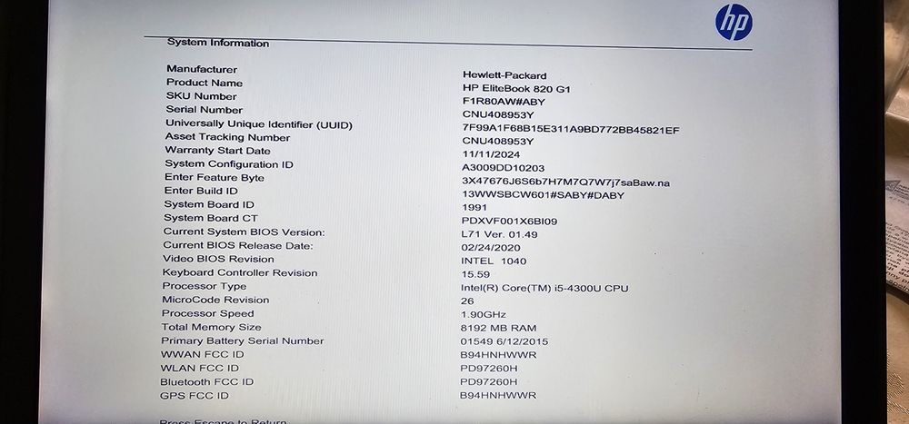 LAPTOP HP ELITEBOOK 820 G1 12.5'' I5-4310U- 8GB-180GB Windows11 Pro