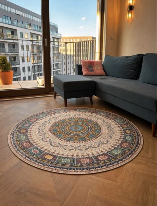 Okrągły dywan Retro vintage boho 120 cm, antypoślizgowy, do salonu