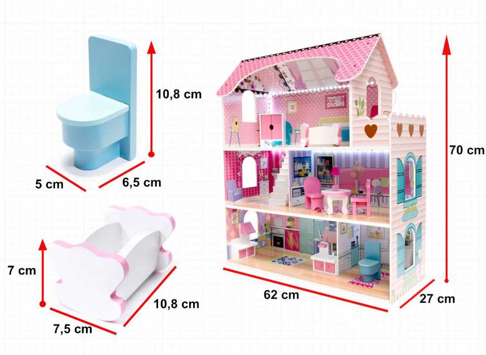 Drewniany Domek dla Lalek XL 70cm + LED i Mebelki – Różowy (OKAZJA)