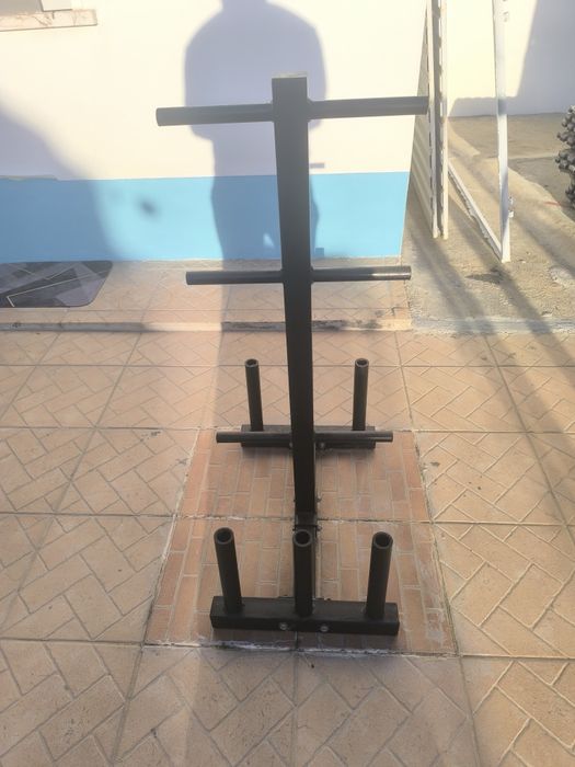Kit musculação completo 152kg + suporte de discos + halteres + bloqueadores