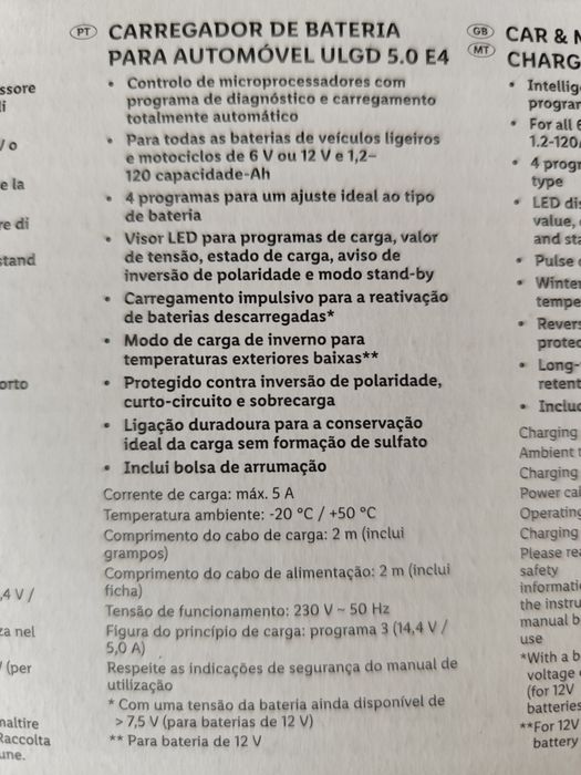 Carregador de baterias para carro/mota/autocaravana