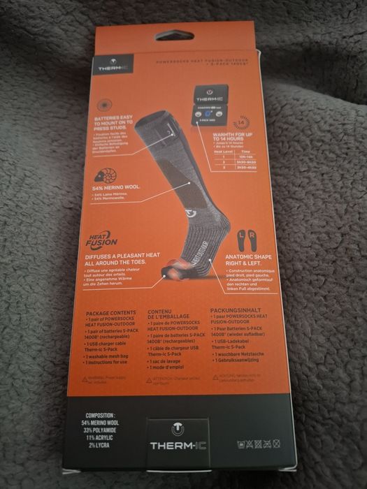 Meias térmicas aquecidas Therm-ic Powersocks Heat Fusion Outdoor + S-Pack 1400B (Tamanho 42-44) - Novo, Nunca Aberto