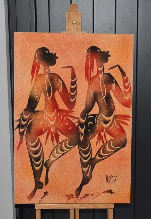 Quadro africano (Angola) pintado a tinta de areia – Par de dançarinas - 1997