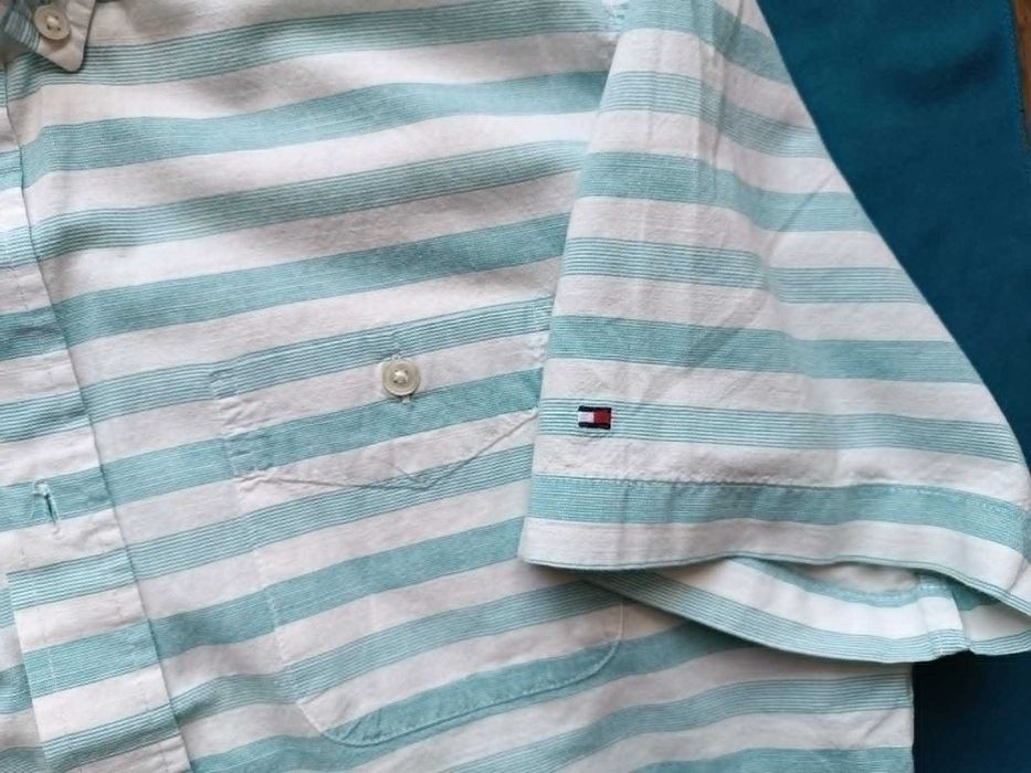Koszula męska w paski miętowo kremowe 100% bawełna  M/L Tommy Hilfiger