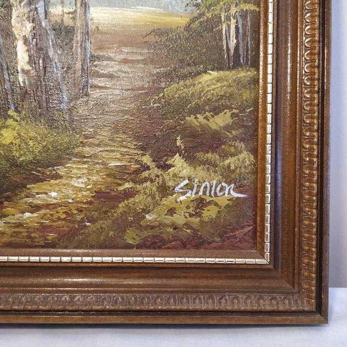 Piękny Obraz Olejny PEJZAŻ GÓRSKI Z WODOSPADEM – Sygnowany SIMON, w Ramie