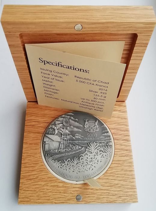 Чад 5000 франків 2016р. 5 унцій. 155,5 грам. СРІБЛО. Метеорит!