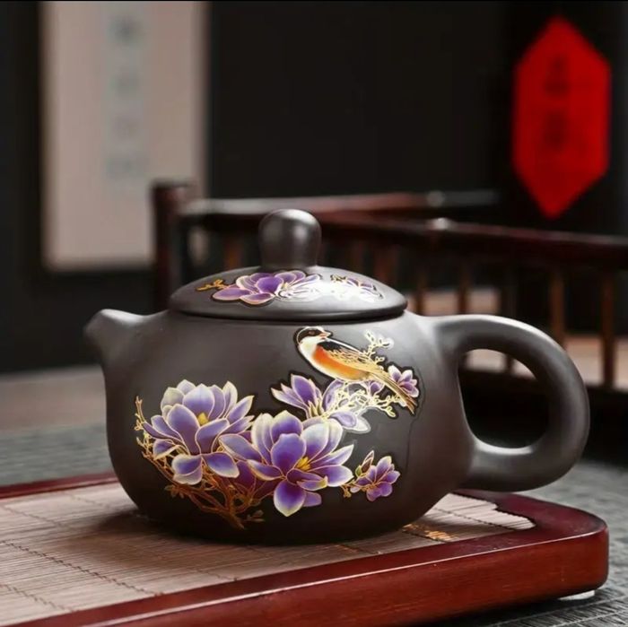 Глиняний чайник з птахом і квітами, або рибкою. Змінює колір, 200 мл.