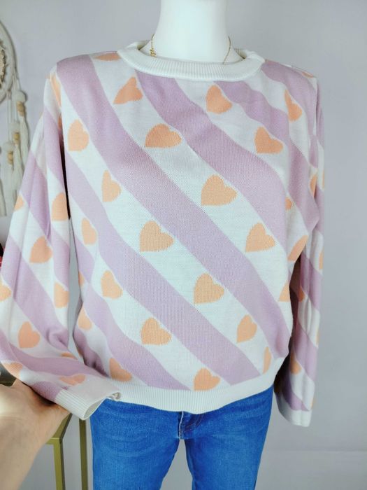 Sweter kardigan ubierany damski w paski pastelowy w serca