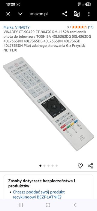 Pilot do telewizora Toshoba zamiennik