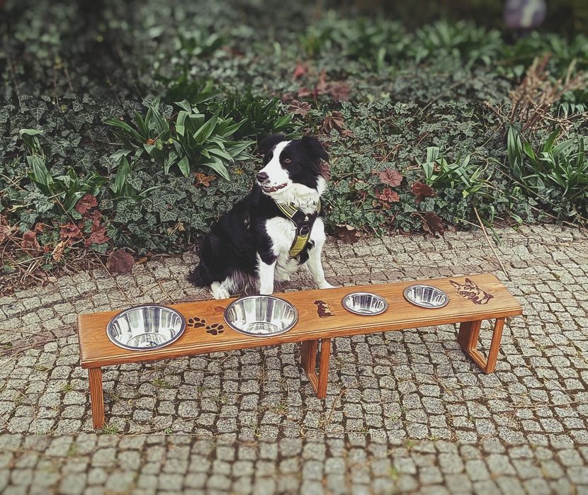 Drewniany duży stolik/stojak z miskami dla psa