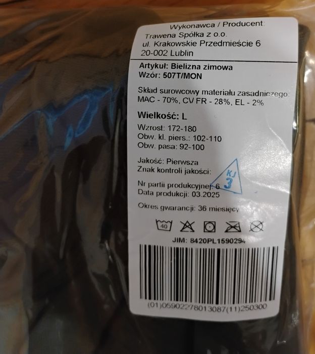 Bielizna zimowa rozmiar L 507 T/MON