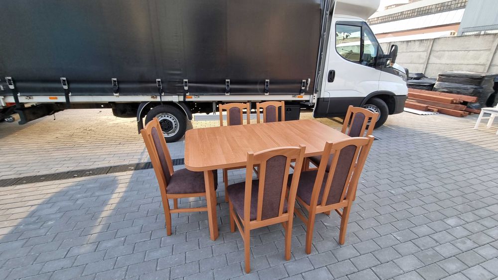 OD RĘKI , Stół rozkładany + 6 krzeseł , olcha + brąz , NOWE