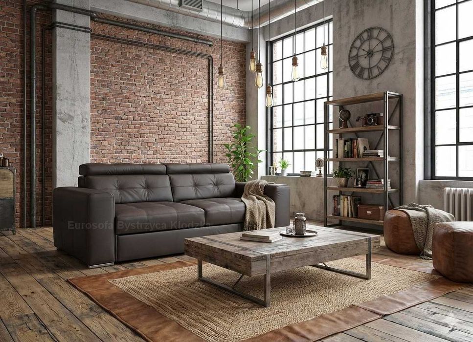 Loftowa Kanapa ze skóry naturalnej z zagłówkami Sofa skóra naturalna