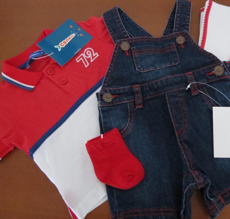 Conjunto bebé jardineiras ganga + pólo "Cenoura" - nunca usado!