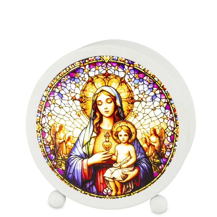 Lampion LED Maryja z Dzieciątkiem Jezus Witraż 11 cm Dekoracja Religijna