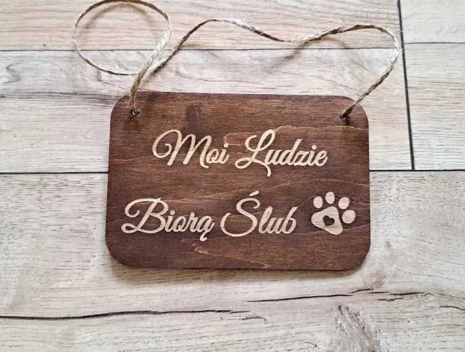 Moi ludzie biorą ślub dąb rustykalny tabliczka dla zwierzaka wesele