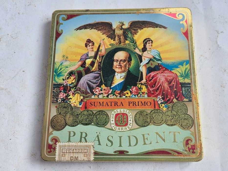 Stare pudełko metalowe cygaretki Sumatra Primo Prasident (11,5 x 12 cm)