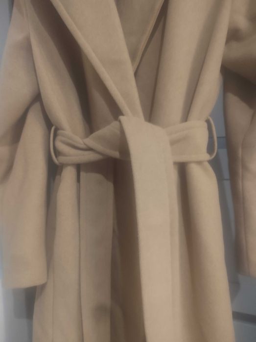 Maxi długi płaszcz damski wełna owcza oversize camel