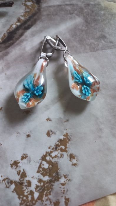 Серьги с муранским стеклом. Серебро. Качественная английская застежка.