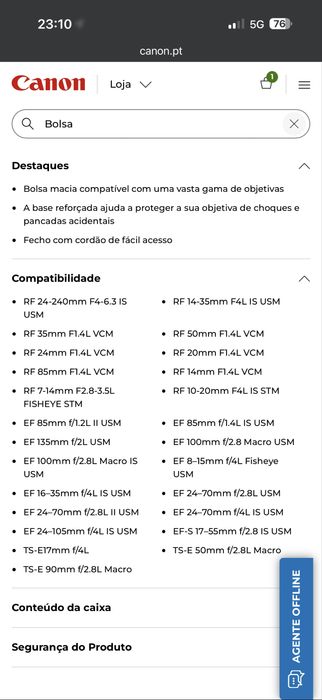 Caixa, Pára-sol EW-88E e bolsa RF 24-70 f2.8