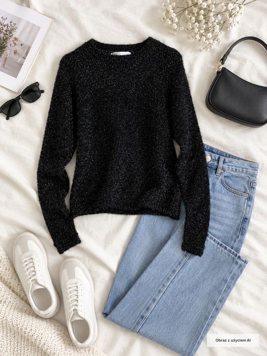 Sweter czarny z metaliczną nitką glam M