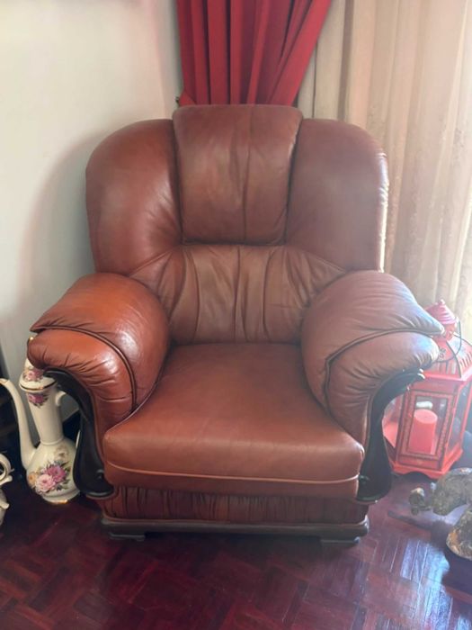 Sofas de Couro / Pele Genuina em Excelente Estado: Sofa-Cama de 3 lugares + 2 Cadeiroes + Banquinho