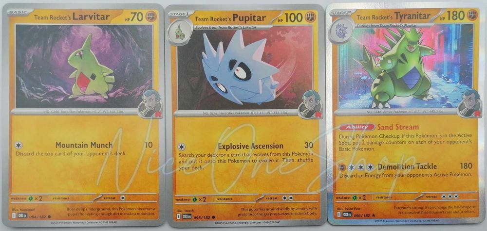 DRI (Destined Rivals) | Team Rocket's | Larvitar 094/182 (Common) + Pupitar 095/182 (Common) + Tyranitar 096/182 | Oryginalne karty Pokemon TCG