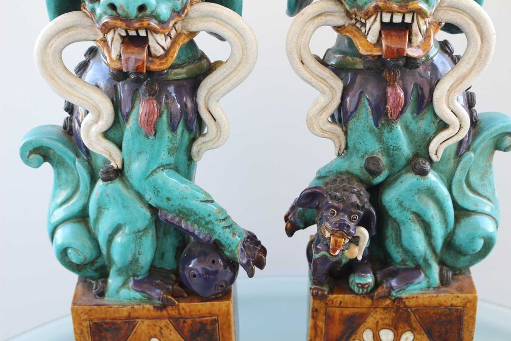 Raros Cães Foo em Cerâmica Vidrada Chinesa Marcados 45 cm