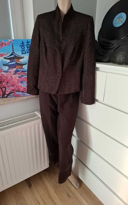 44 brązowy garnitur ze spodniami z wysokim stanem wysoki stan marynarka żakiet garsonka komplet cheongsam qipao w azjatyckim stylu żakardowy vintage