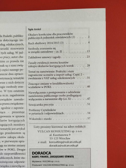 Doradca. Kadry, finanse, zarządzanie oświatą, Vulcan, czerwiec 2014