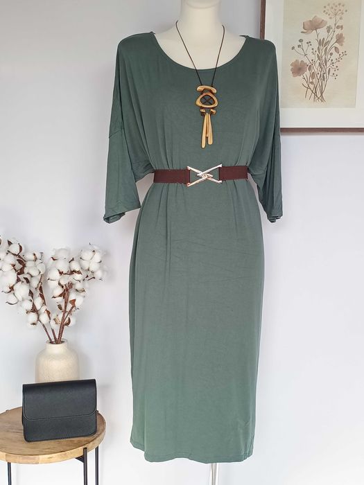 Zielona oliwkowa sukienka midi prosta gładka wiskoza  4XL 5XL oversize
