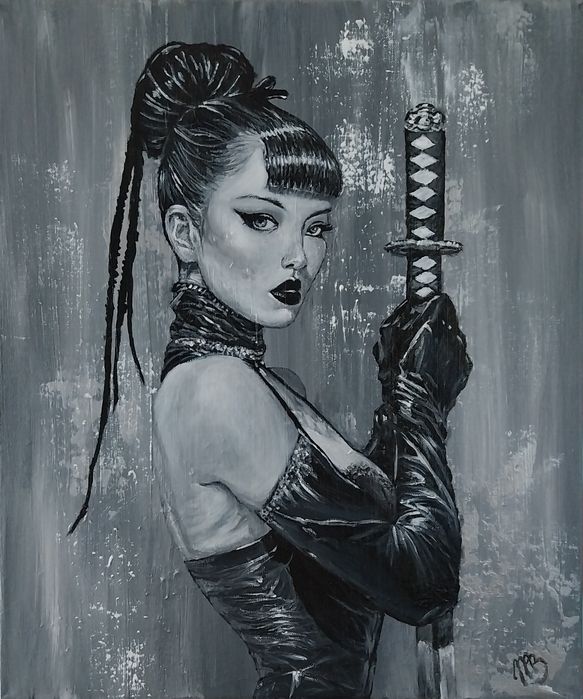 Abstrakcja dziewczyna samurajka 46x55 obraz malowany samuraj rycerz