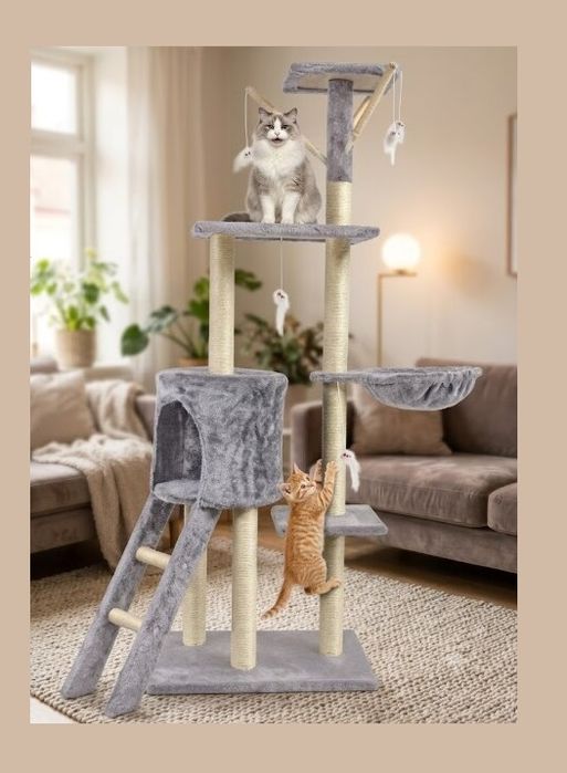 Funkcjonalny drapak dla kota 140cm z domkiem i zabawkami