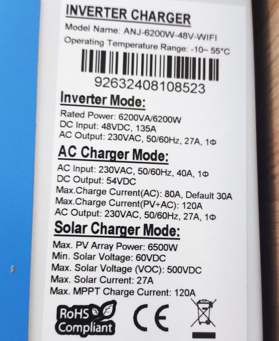 Гібридний інвертор Anenji ANJ-6200-48V-WIFI, 120A MPPT з чистою синус