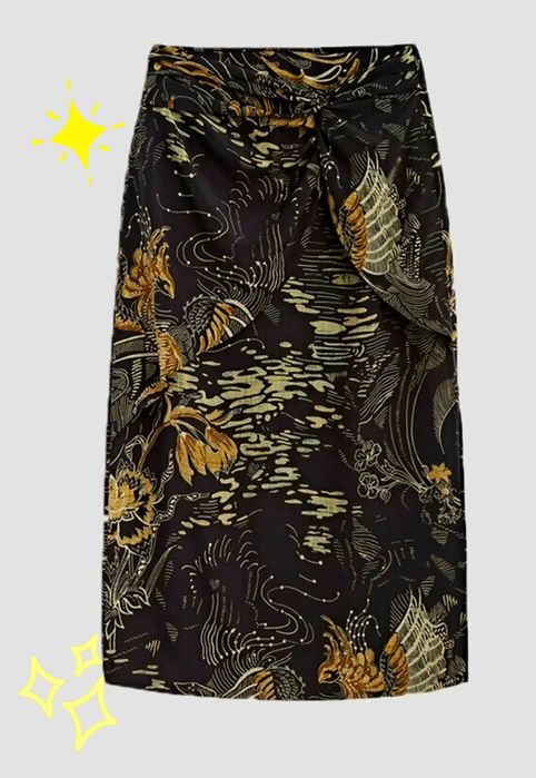 Spódnica Massimo Dutti rozmiar 38, midi, jedwab, czarna we wzory.