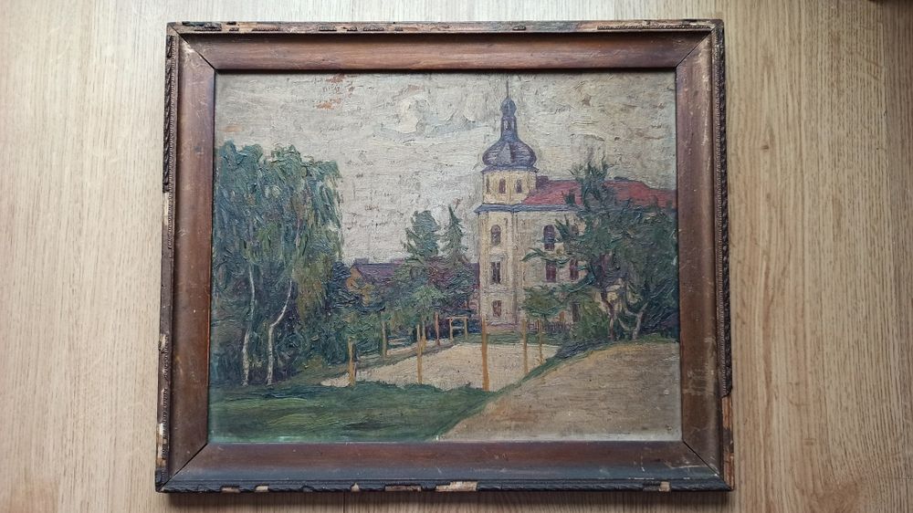 Stary obraz olejny - Architektura / Dworek - Przedwojenny - Klimat