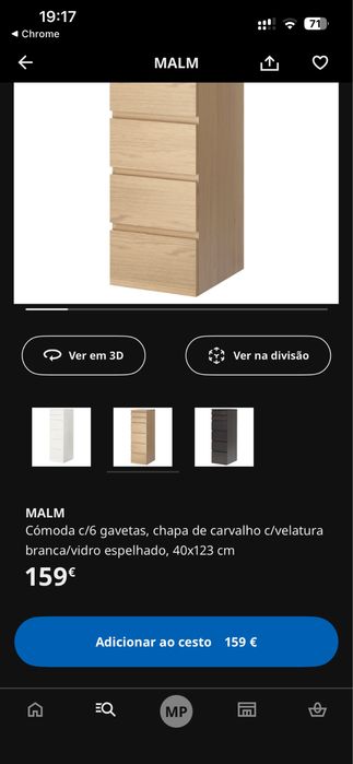 Comoda Malm IKEA com 6 gavetas e velatura com vidro 40x123cm
