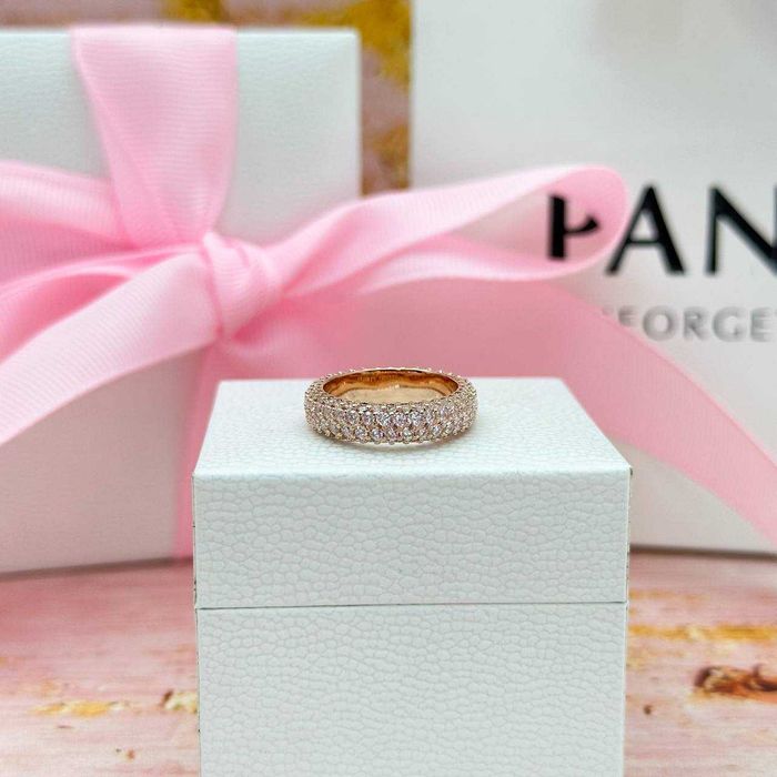Срібна каблучка Pandora Два ряди Паве Rose позолота цирконій жіноча прикраса подарунок | Кольцо Pandora Паве позолота женское украшение подарок